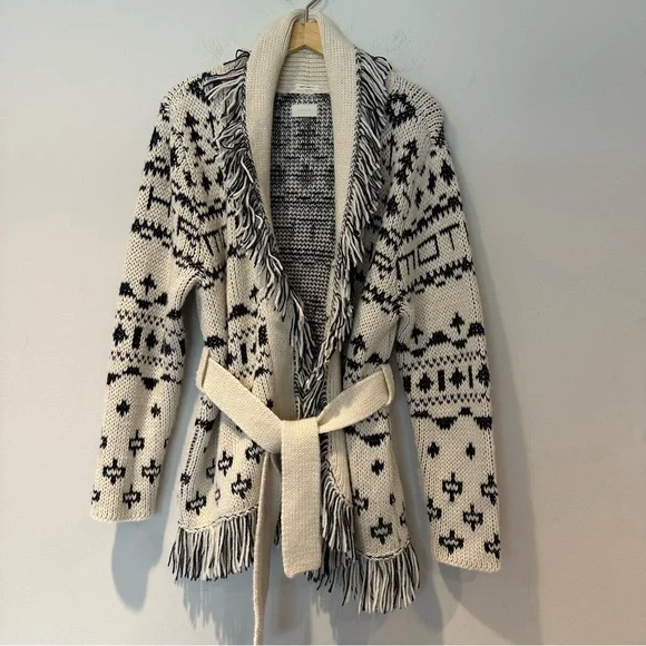 MOTHER Belted Short Cardigan Alpaca Blend Fringe Ivory Navy Blue S NWOT - Picture 6 of 11